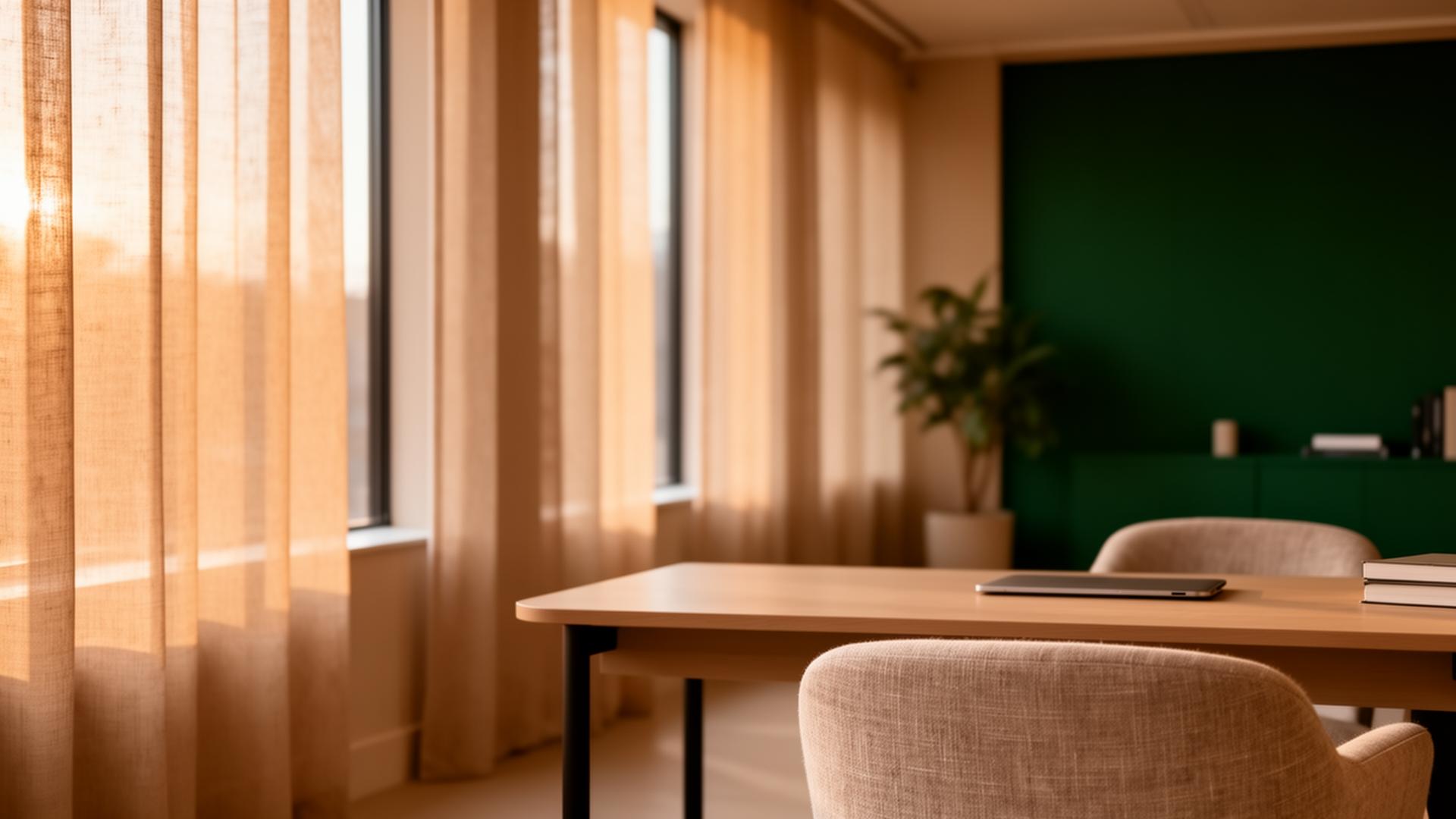 Lugnt nordiskt kontor med varmt morgonljus