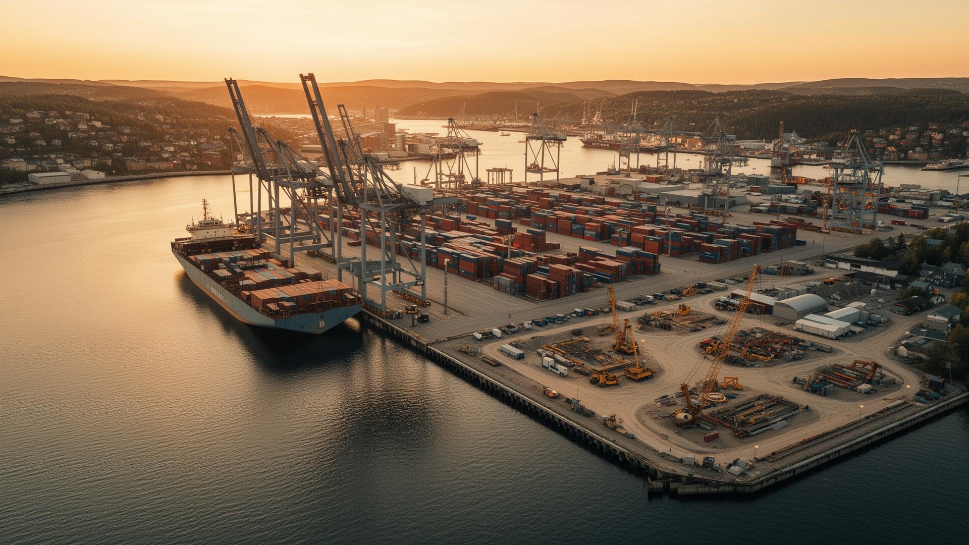 Svensk hamn och byggplats i gyllene kvällsljus